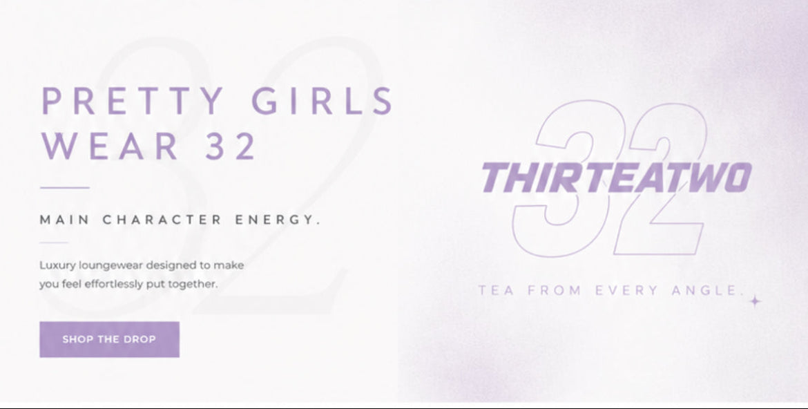 A website banner for Thirteatwo featuring the slogan 'PRETTY GIRLS WEAR 32' in purple text on a pale lavender and white background, with a 'SHOP' navigation menu at the top.
